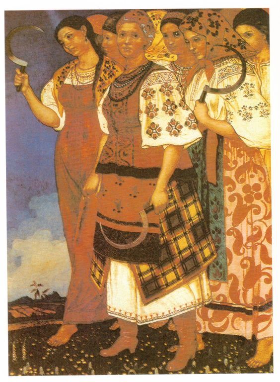 Semen Prokhorov Soviet oil painting of women in embroidered folk attire