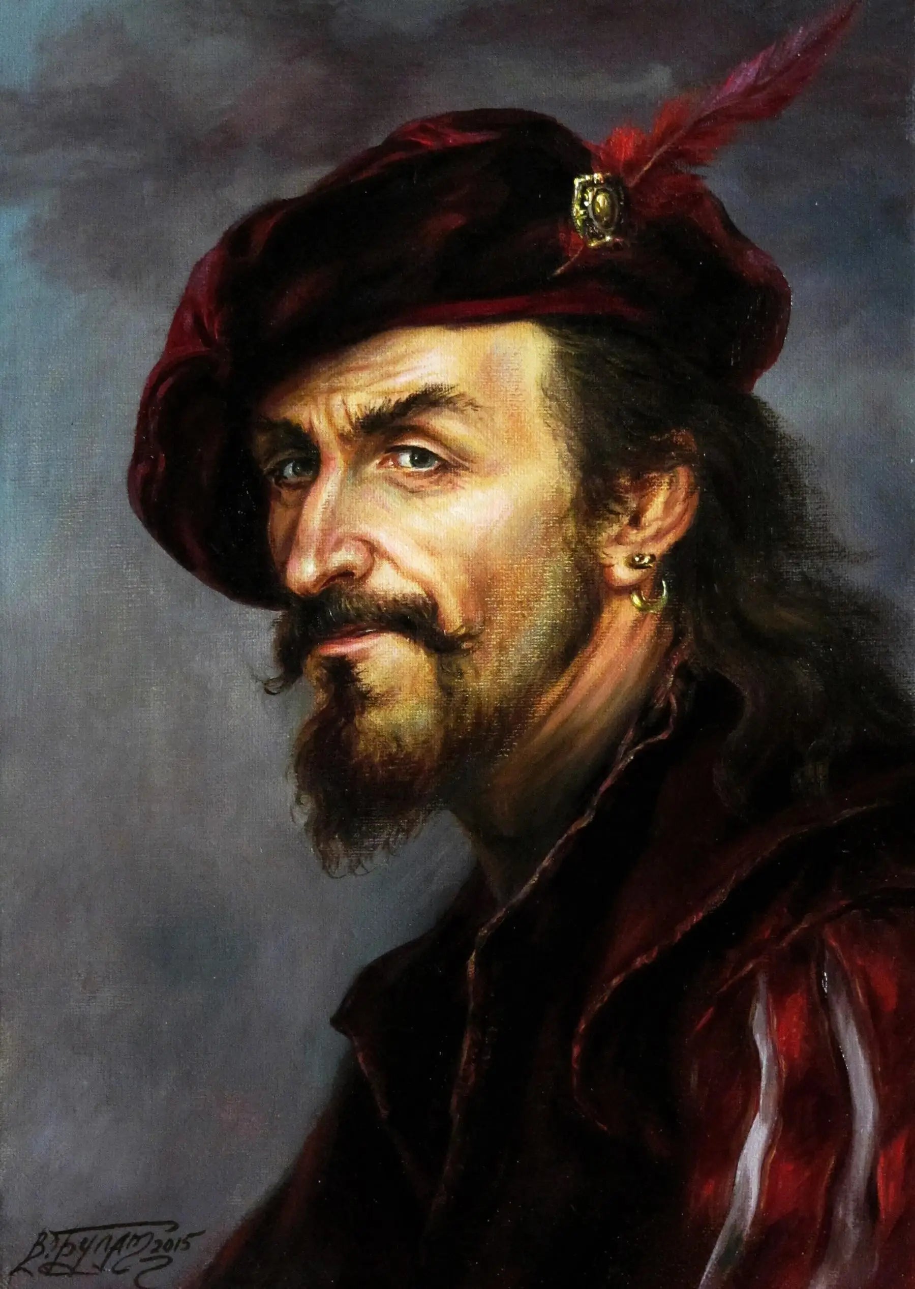 Oil painting of crimson velvet hat with red feather, gold clasp by Valeriy Bulat