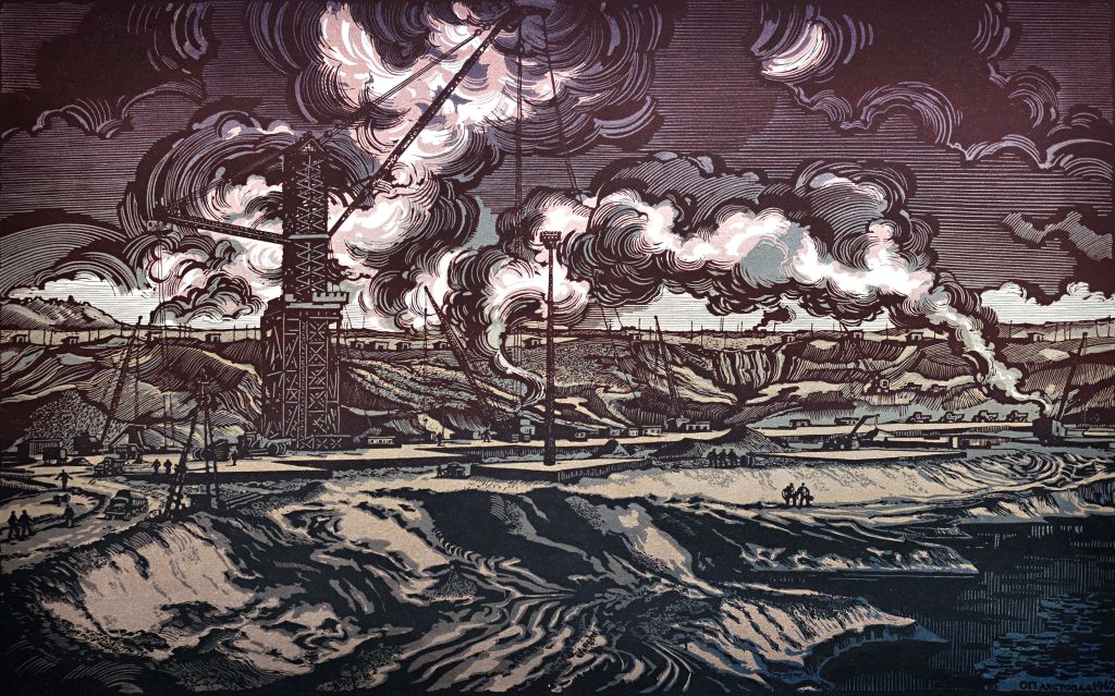 Oleksandr Pashchenko original linocut of industrial oil derrick landscape