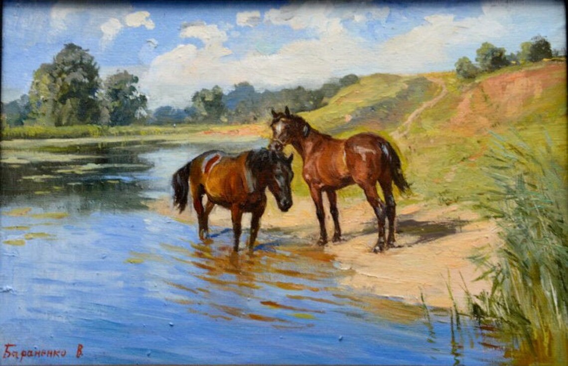 Custom Sotheby’s landscape: two brown horses in shallow water by grassy bank