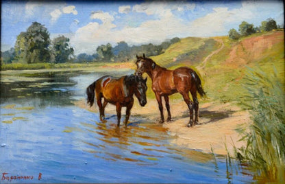 Custom Sotheby’s landscape: two brown horses in shallow water by grassy bank