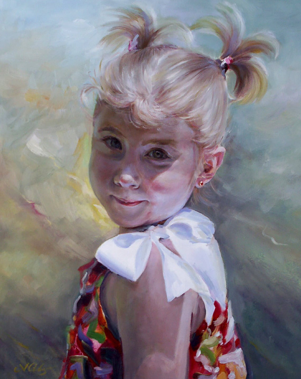 Custom impressionistic oil portrait of girl in pigtails by Super Professional Artist