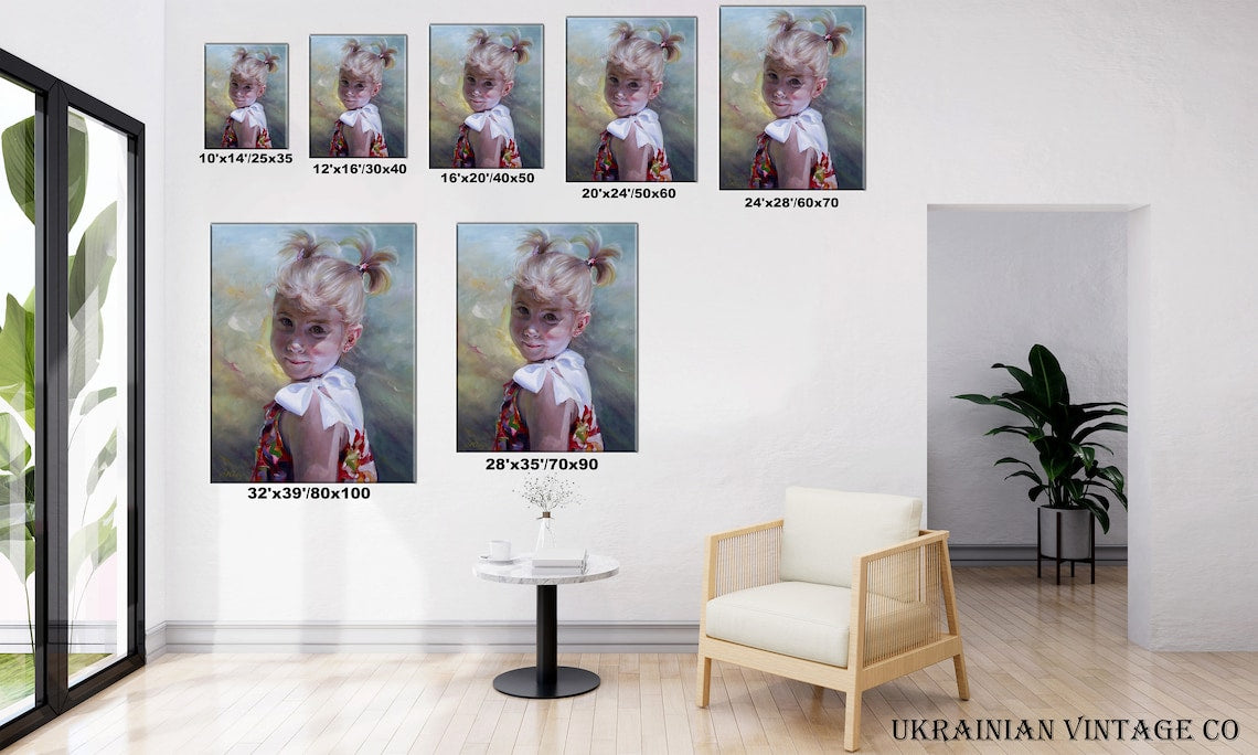 Custom framed portraits of blonde girl in twin buns with white bow by Super Professional Artist