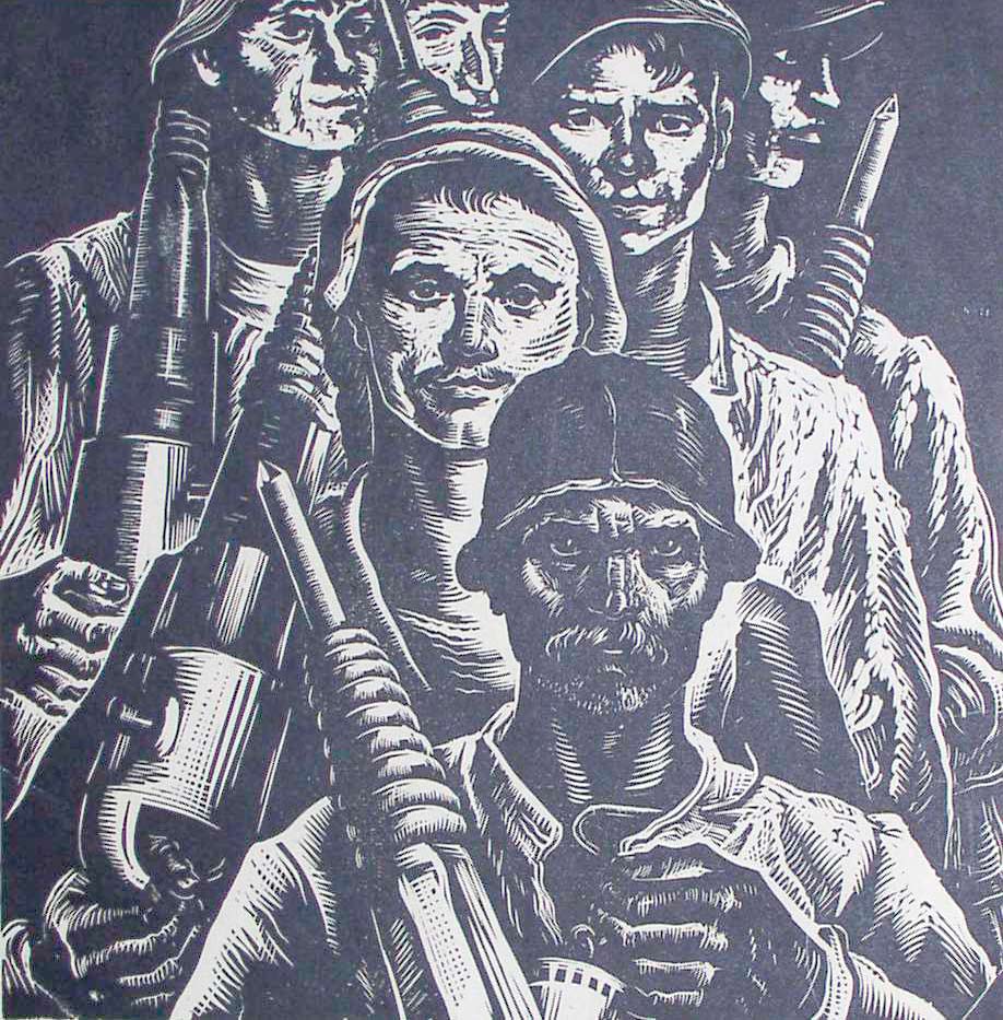 Black and white Vasyl Kasiyan linocut of soldiers in combat with rifles