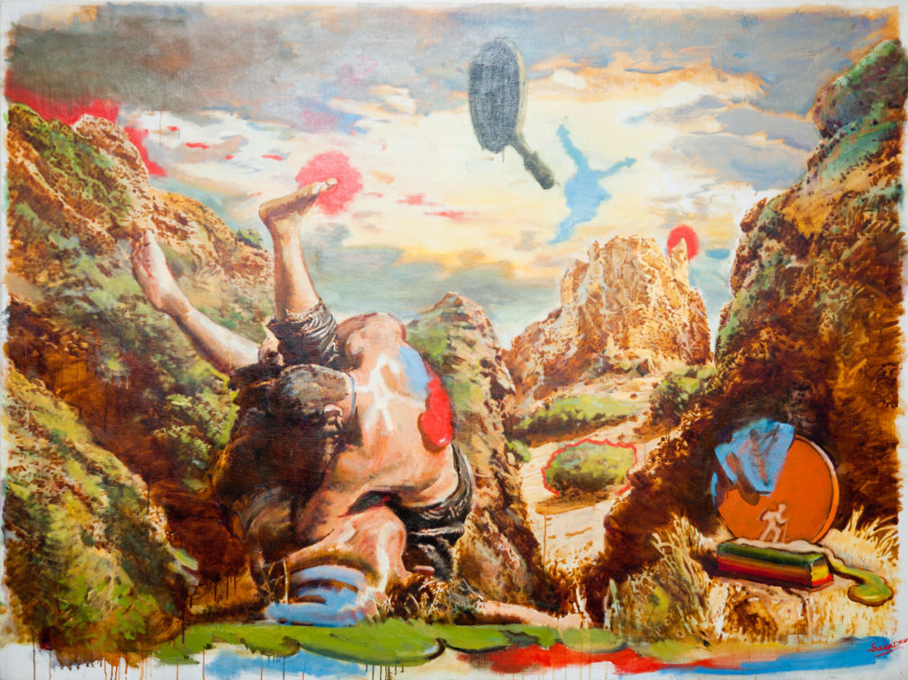 Surreal oil painting by Arsen Savadov: man leaping mid-air in canyon with floating ping pong paddles