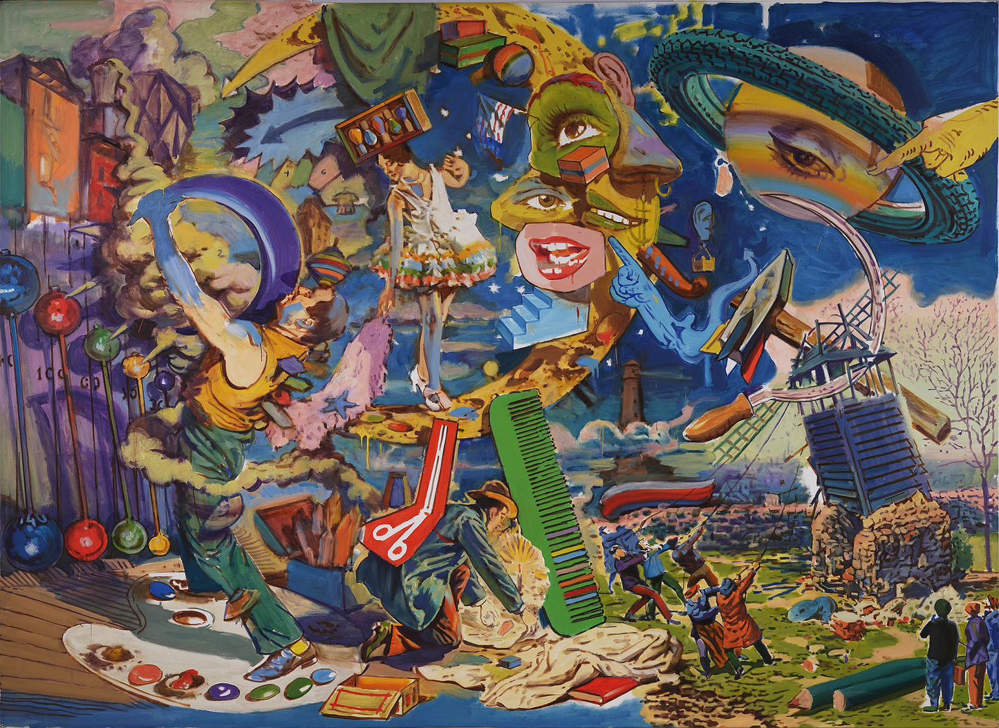 Vibrant surreal collage by Arsen Savadov: giant green comb in whimsical landscape