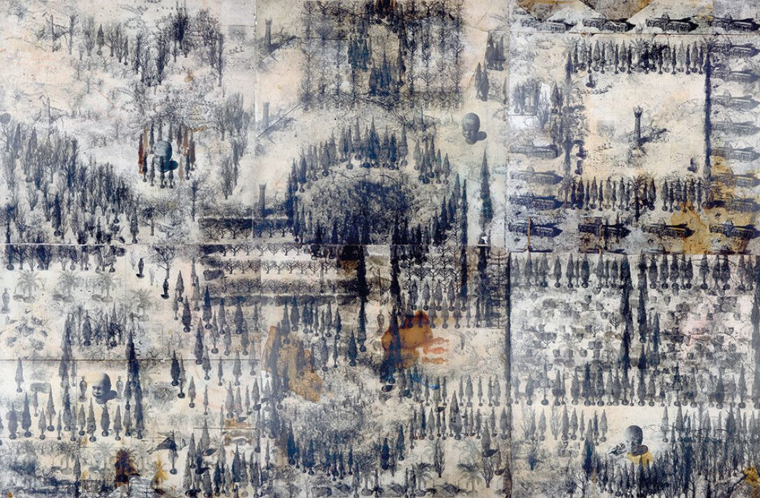 Abstract mixed-media artwork by Pavlo Makov in muted blues, grays, browns