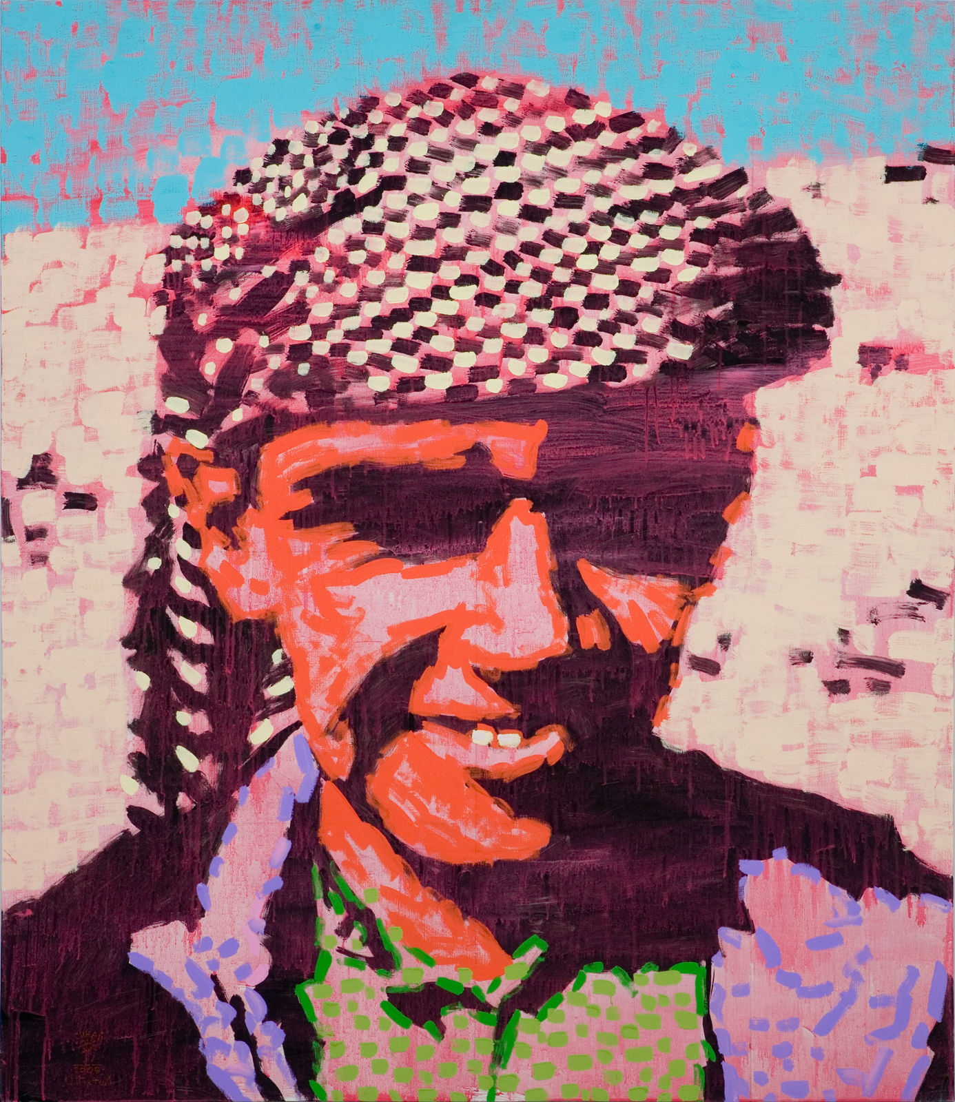 Vibrant pop-art portrait by Oleh Tistol: man in checkered cap, orange face, green polka-dot shirt