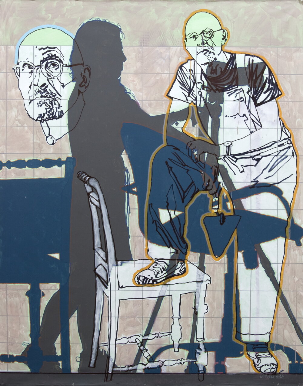 Stylized Oleh Tistol investment art of two men seated, bold outlines, flat colors