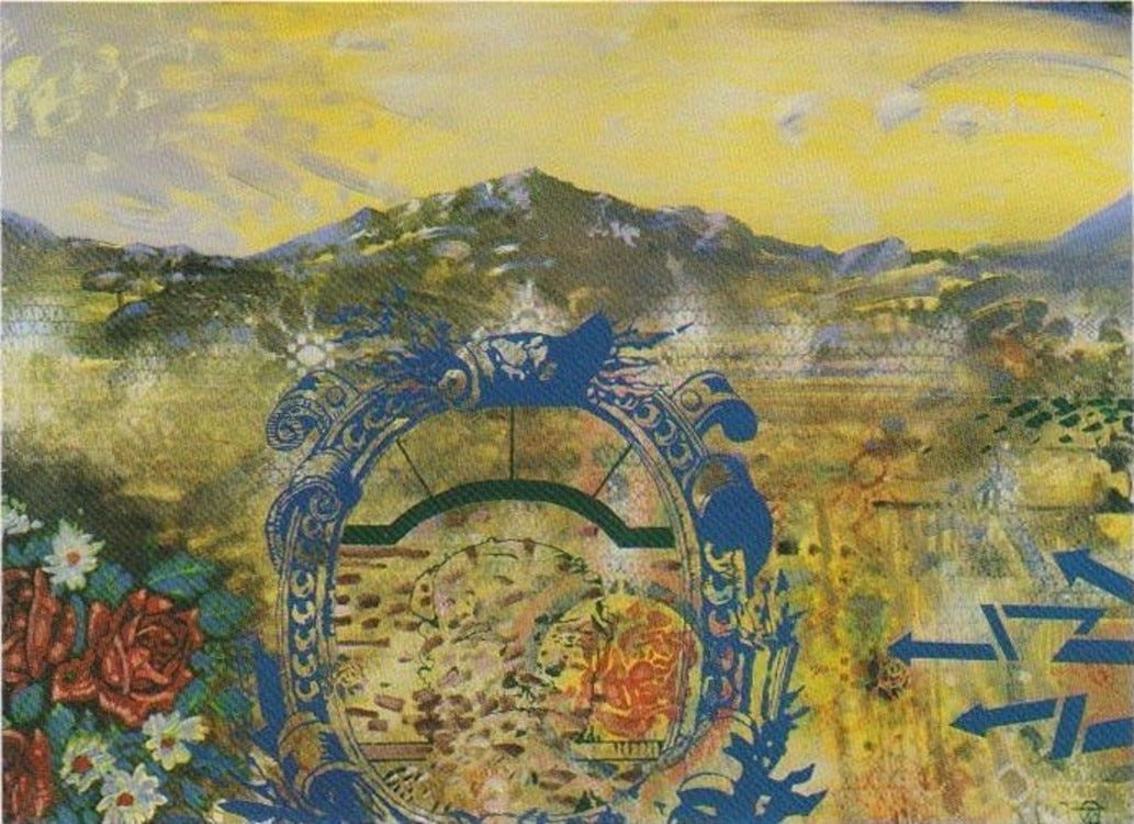 Oleh Tistol original painting in ornate blue frame with map and landscape