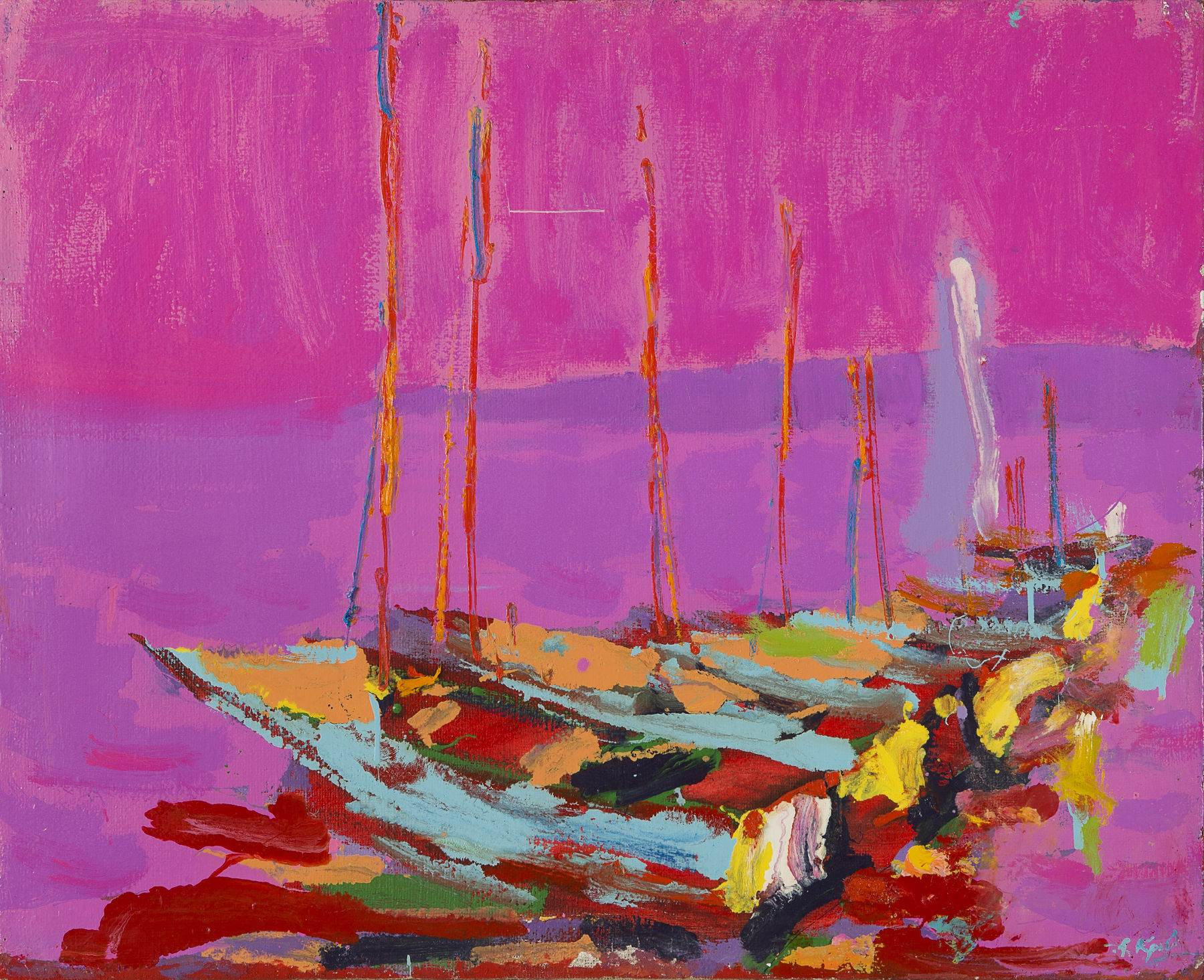 Vibrant Anatolii Kryvolap abstract of docked boats in pink, purple hues