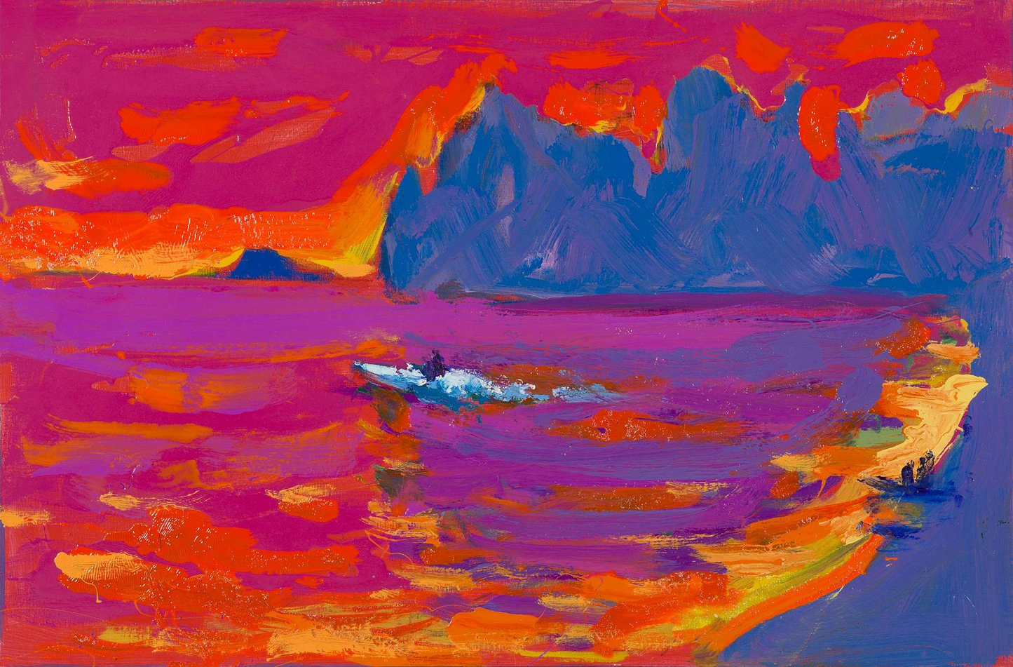 Anatolii Kryvolap original oil painting of boat on vibrant purple water