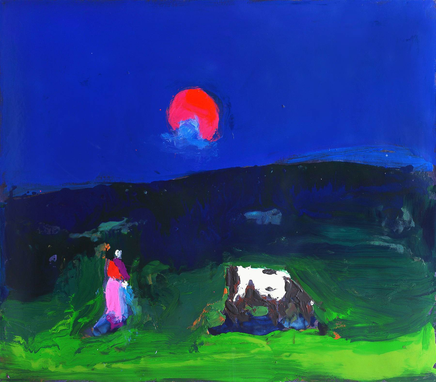 Vibrant green field with red sun, two figures, cow by Anatolii Kryvolap oil painting