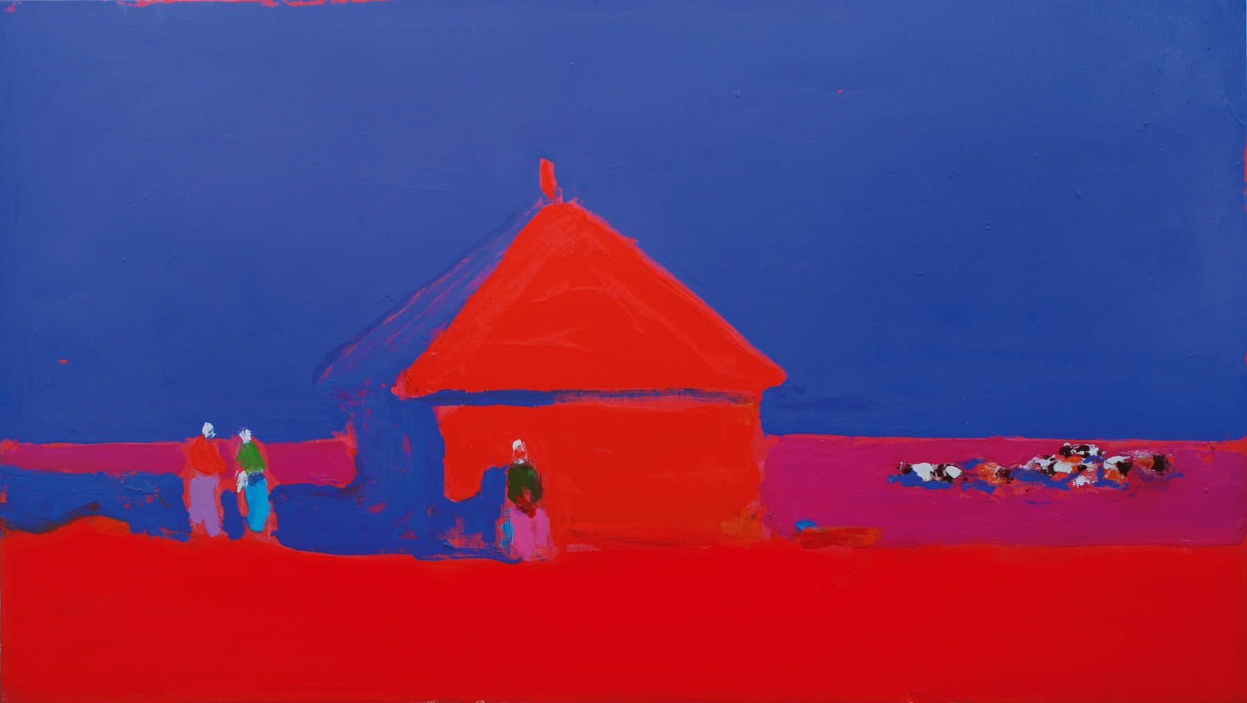 Vibrant red thatched-roof house by Anatolii Kryvolap against blue sky
