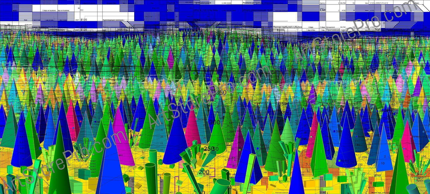 Vibrant 3D cones in green, blue, pink, yellow by Oleksiy Sai Excel-Art