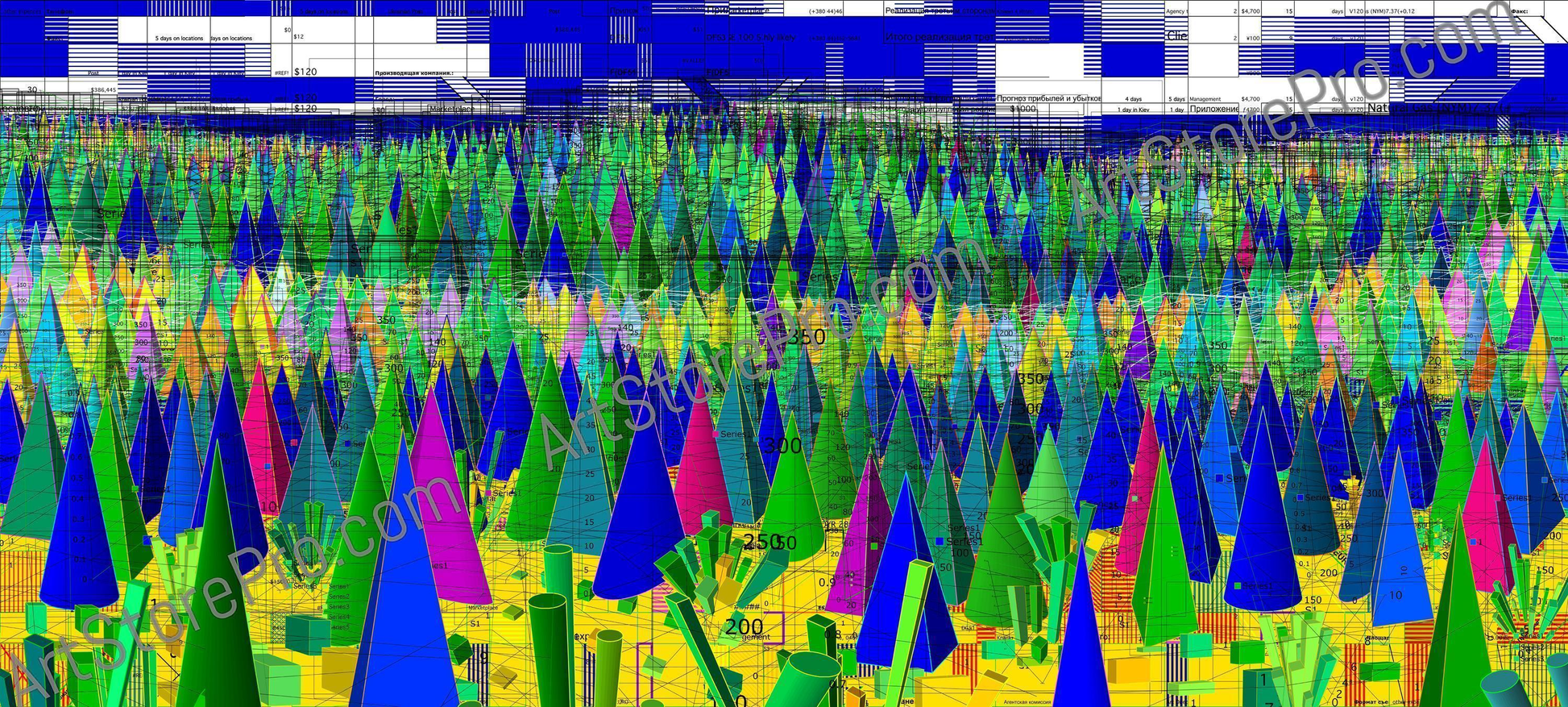 Vibrant 3D cones in green, blue, pink, yellow by Oleksiy Sai Excel-Art