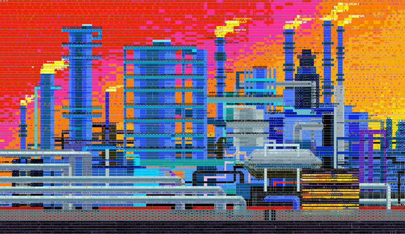 Vibrant pixelated skyline by Oleksiy Sai against orange sunset
