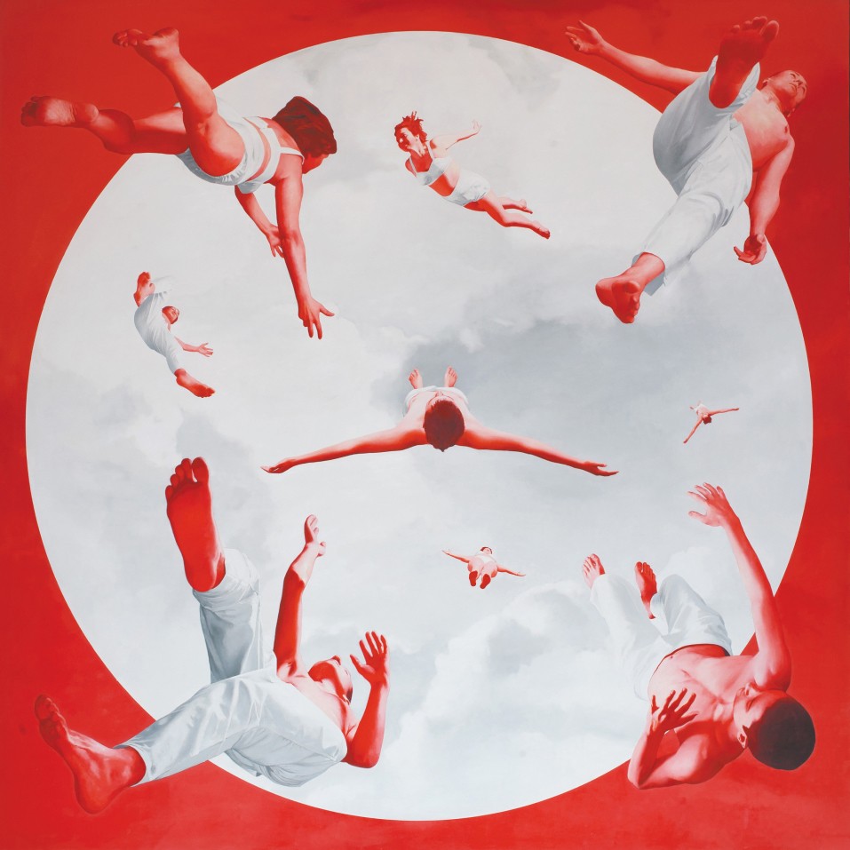 Viktor Sydorenko surreal painting of white figures floating in red cloudy space