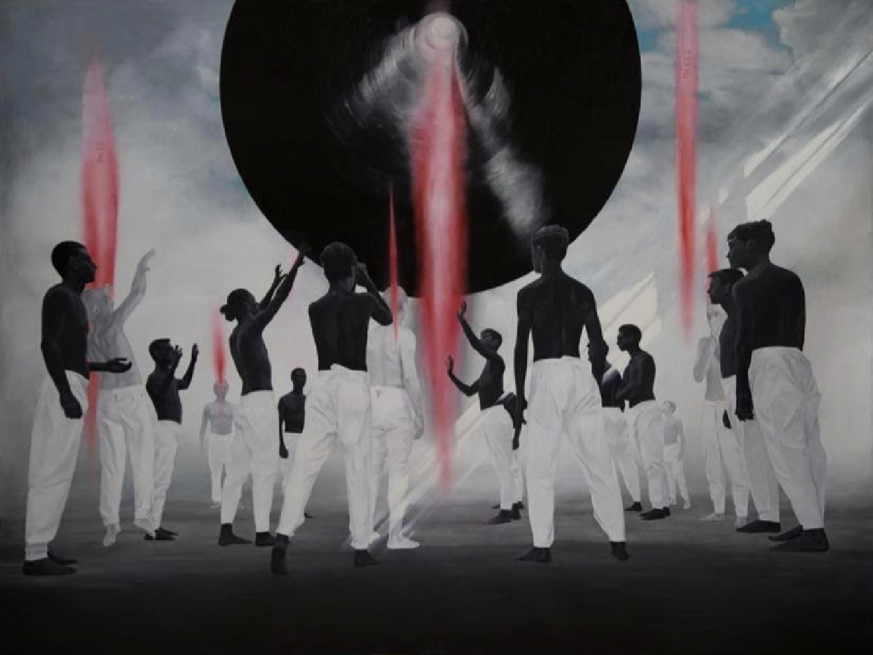 Surreal black-and-white figures around red-glowing sphere by Viktor Sydorenko