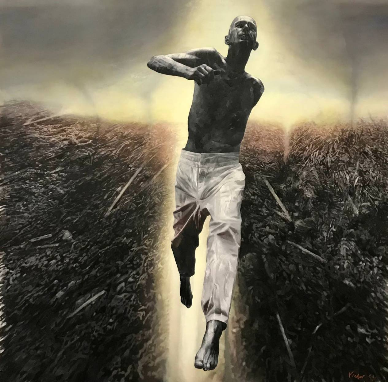 Gaunt bare-chested man in white trousers, Viktor Sydorenko original investment art canvas