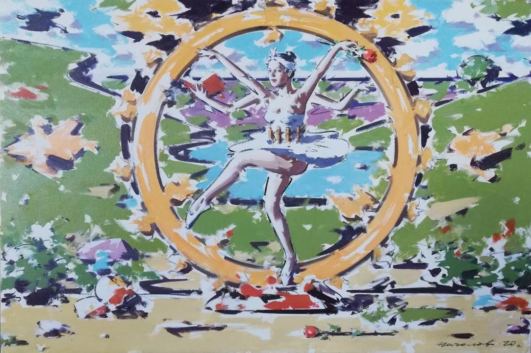 Vasyl Tsagolov ballet dancer mid-leap in yellow circle print