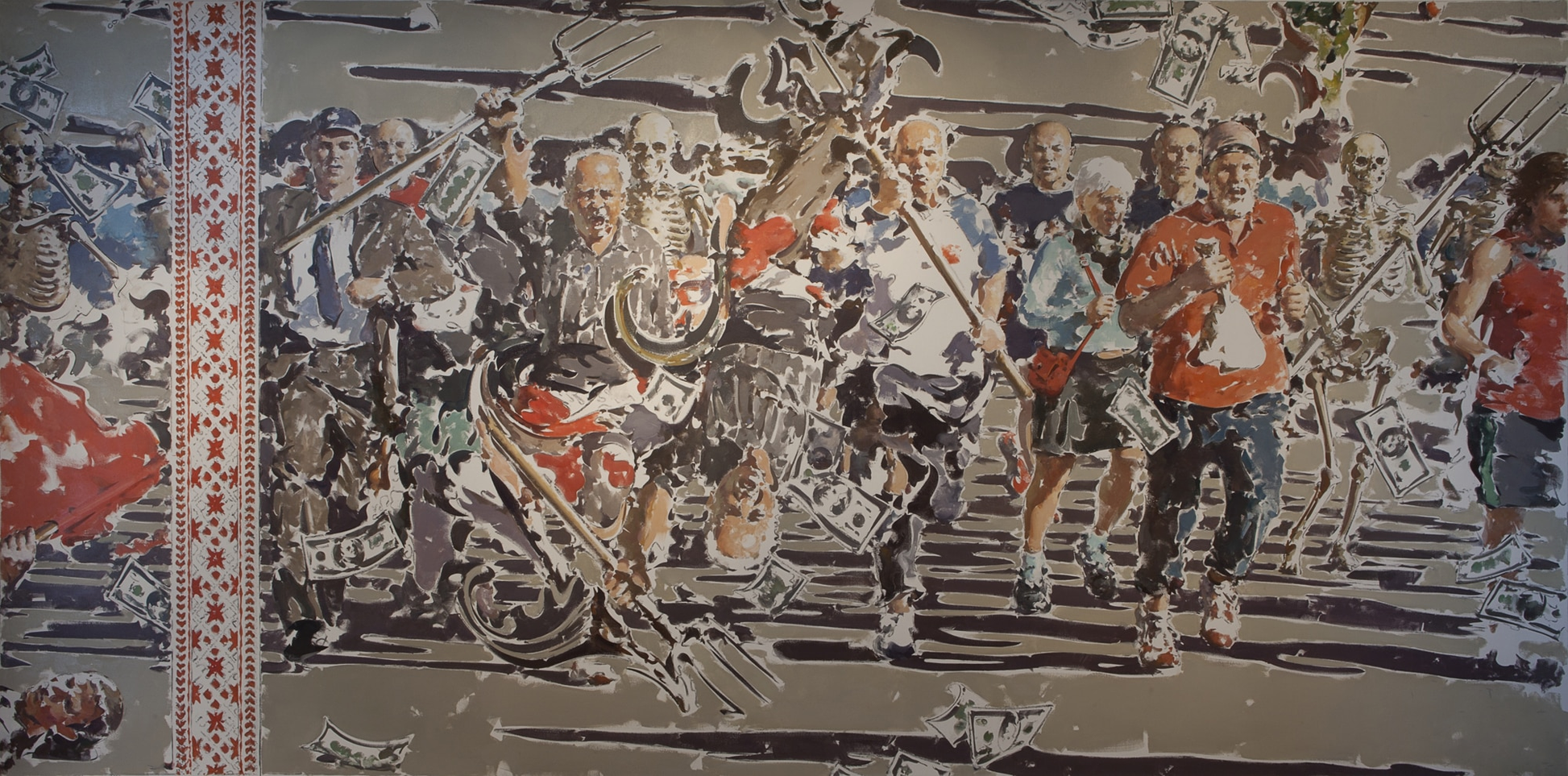 Chaotic Vasyl Tsagolov mural of people and skeletons running with pitchforks amid dollar bills