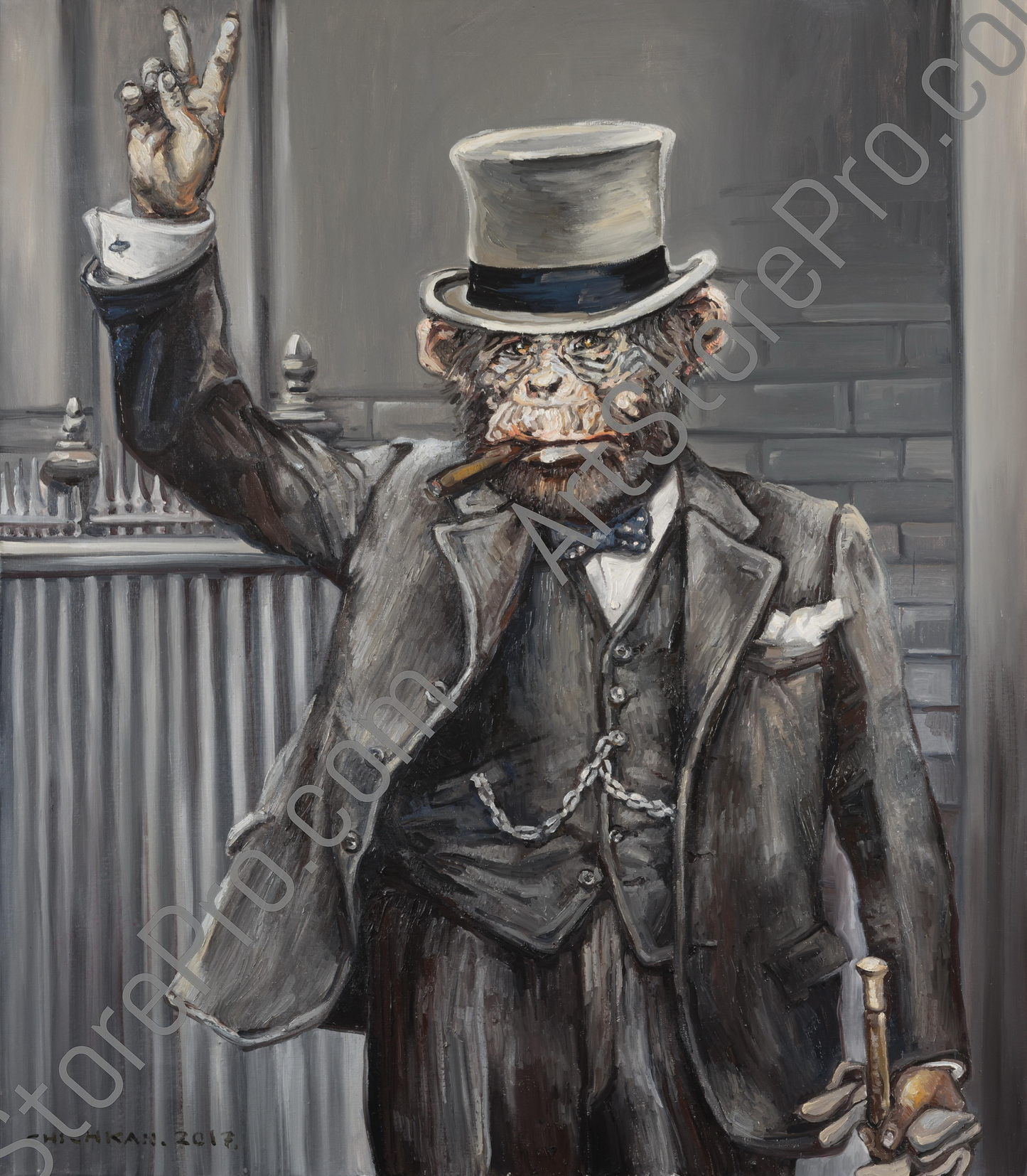 Sophisticated oil painting of chimpanzee in gray suit by Illia Chichkan