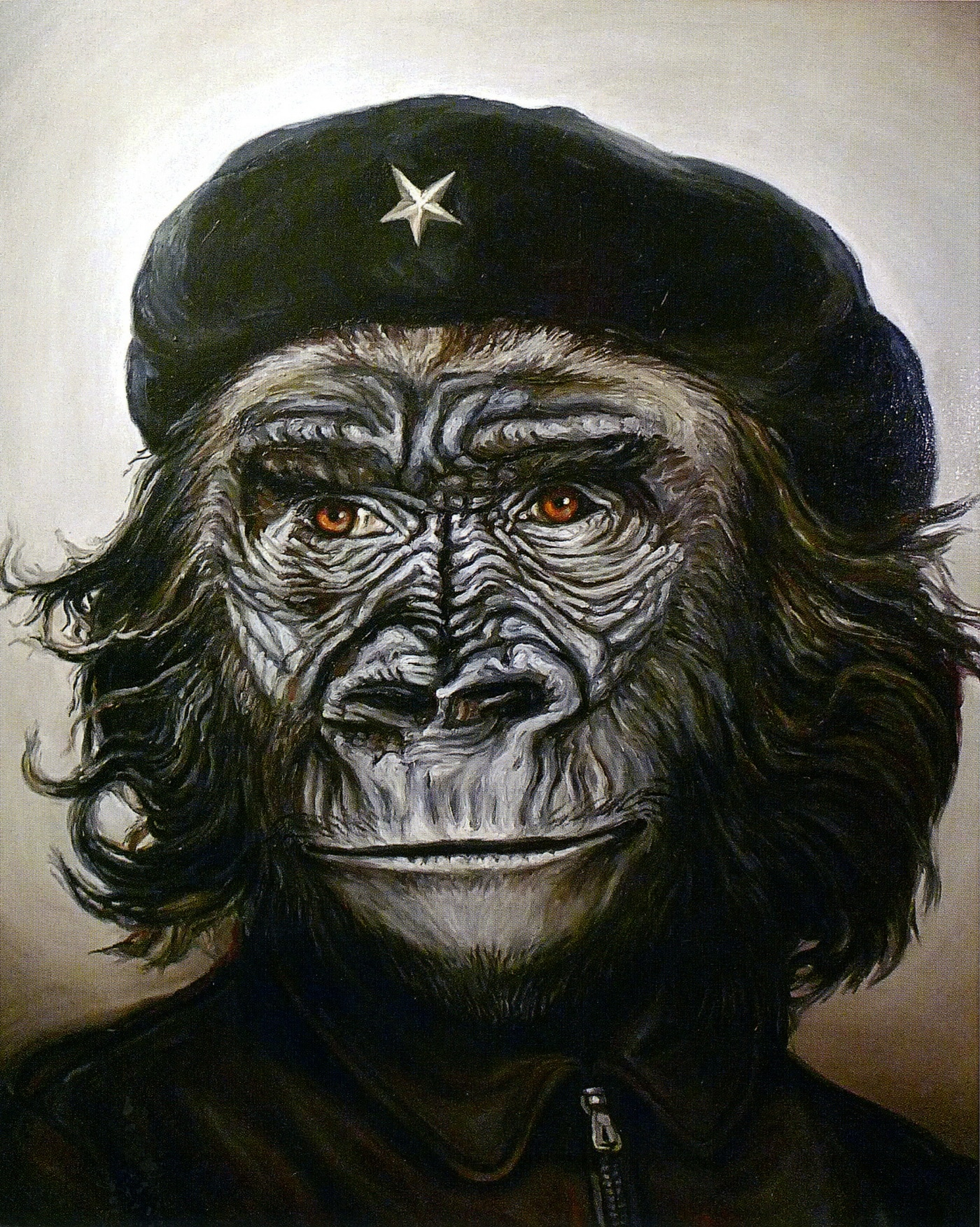 Detailed oil painting of gorilla in beret and jacket by Illia Chichkan