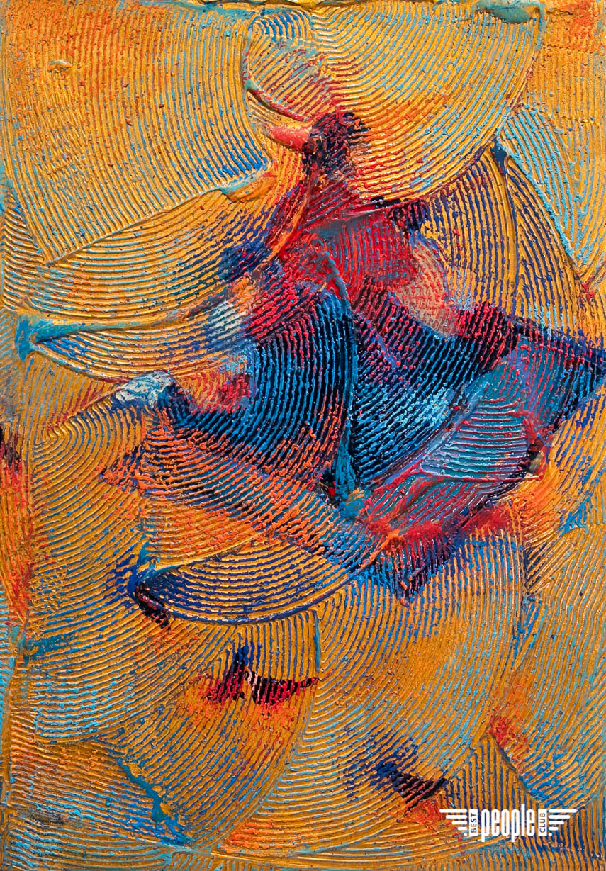Vibrant abstract by Oksana Mas: orange, blue, red bold strokes on textured canvas