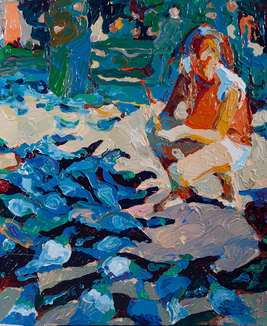 Vibrant Oksana Mas impressionist painting of orange figure in swirling blues