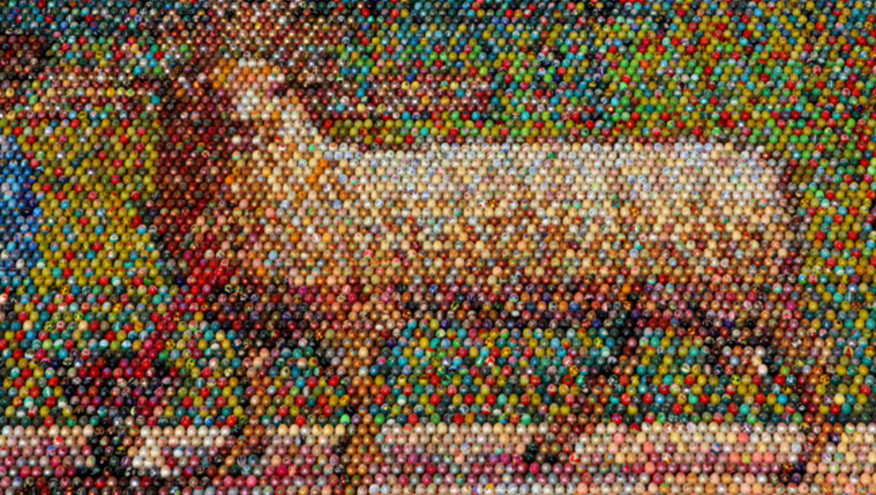 Detailed mosaic sheep portrait by Oksana Mas, colorful beads artwork