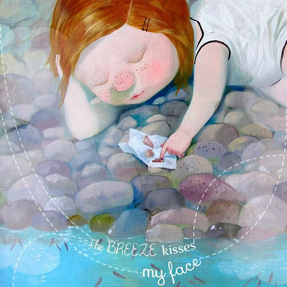 Watercolor sleeping child with reddish-brown hair on stones by Yevheniia Hapchynska
