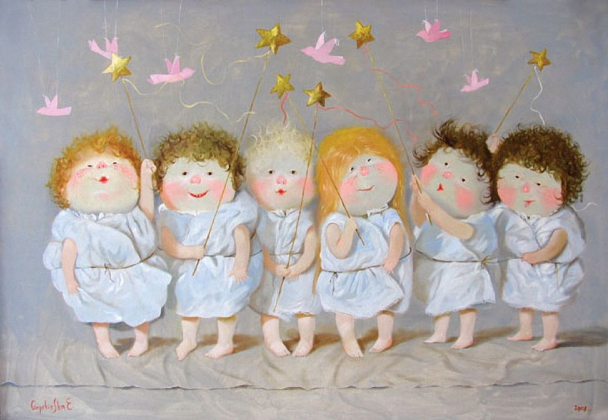 Whimsical Yevheniia Hapchynska naive painting of 6 girls with stars and birds