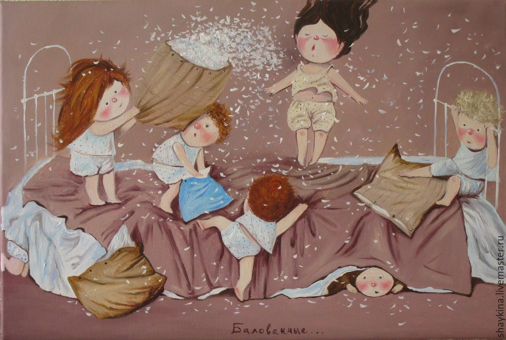 Whimsical pastel illustration of children pillow-fighting by Yevheniia Hapchynska