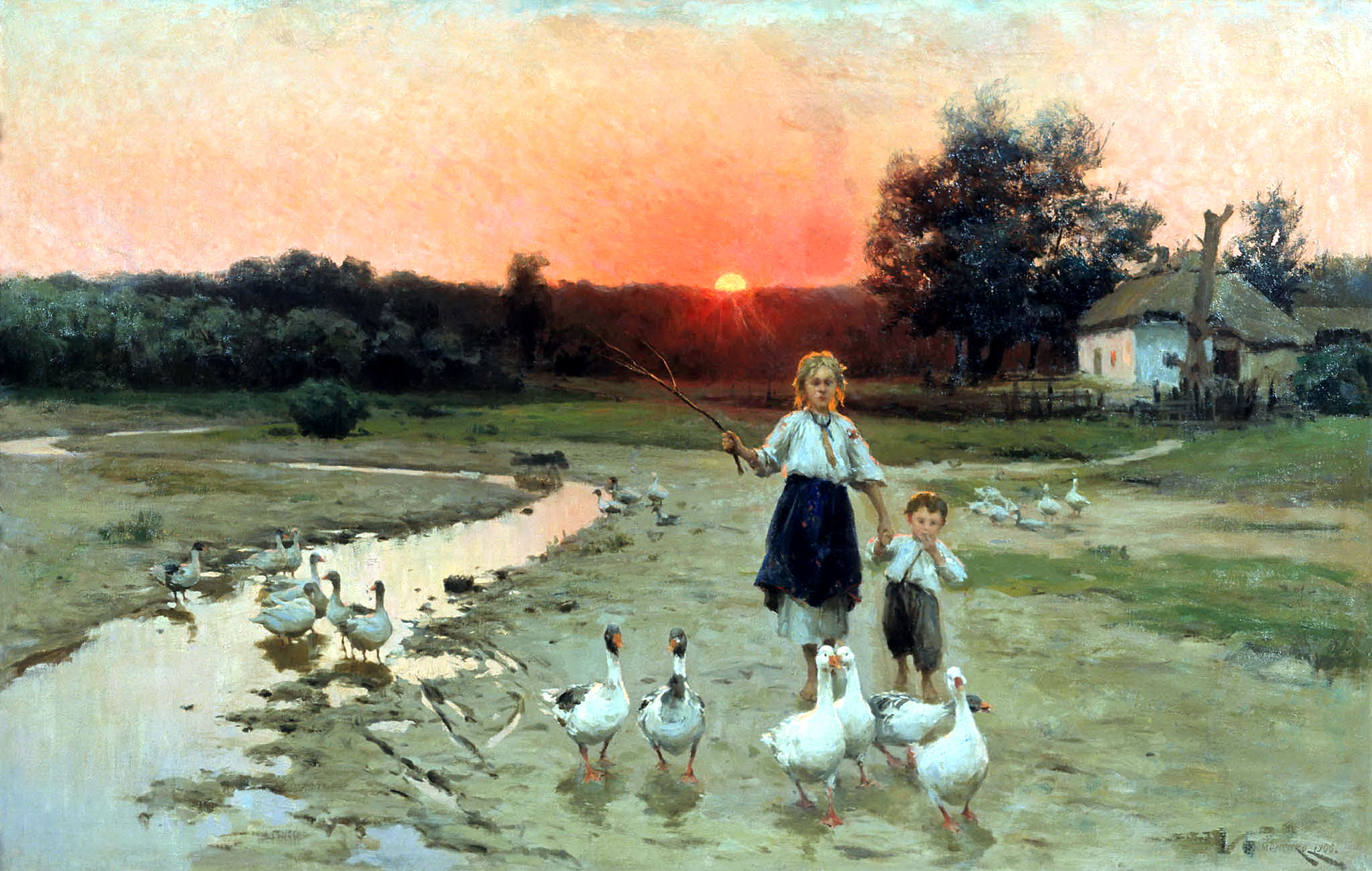 Mykola Pymonenko realist painting of girl with geese on muddy path at sunset