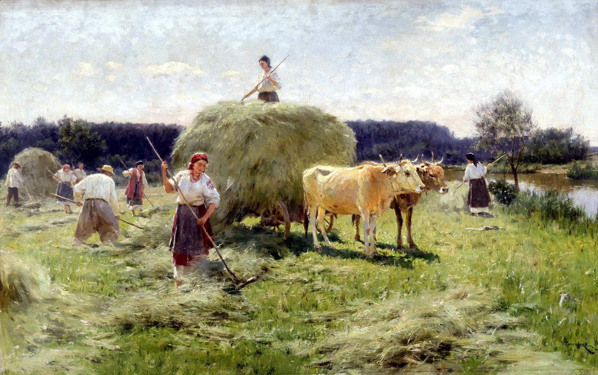 Large rounded hay bale in field by Mykola Pymonenko original painting