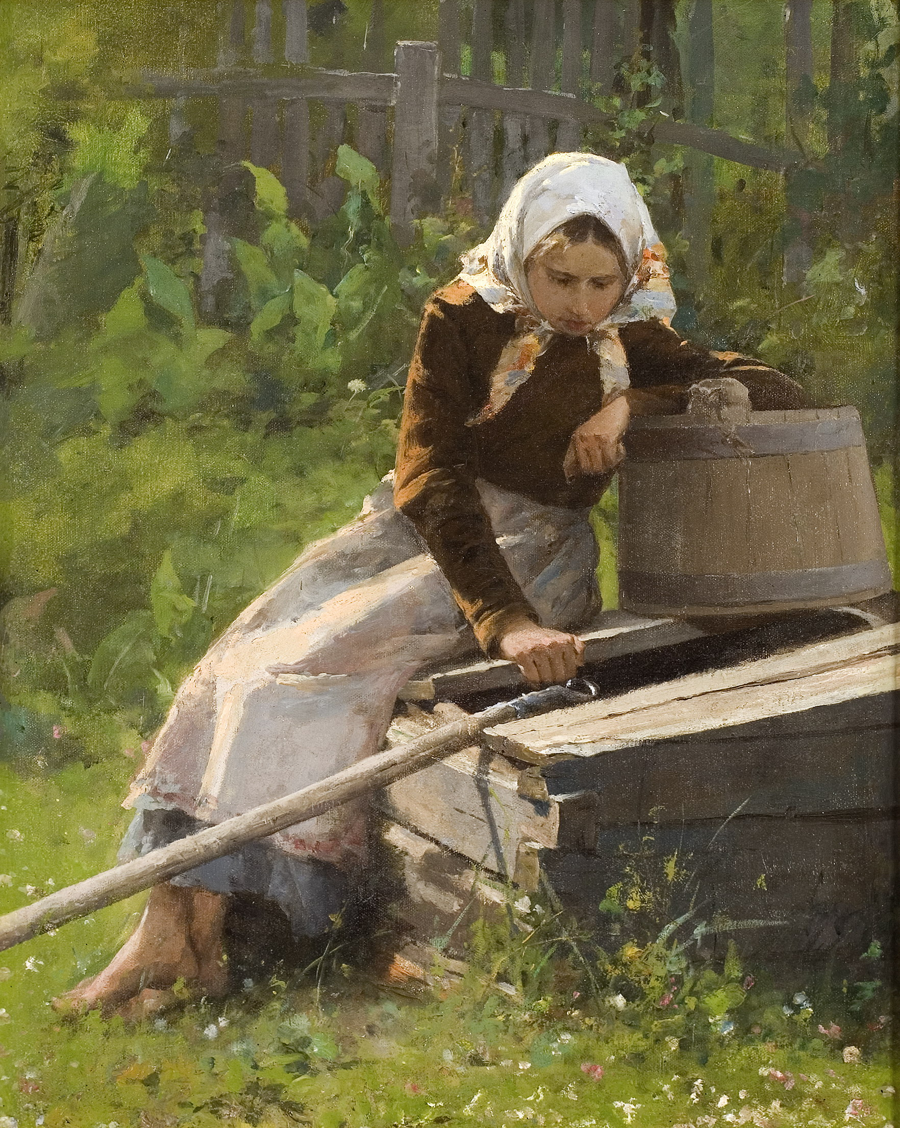 Rustic wooden barrel in Rare Realism by Mykola Pymonenko artwork