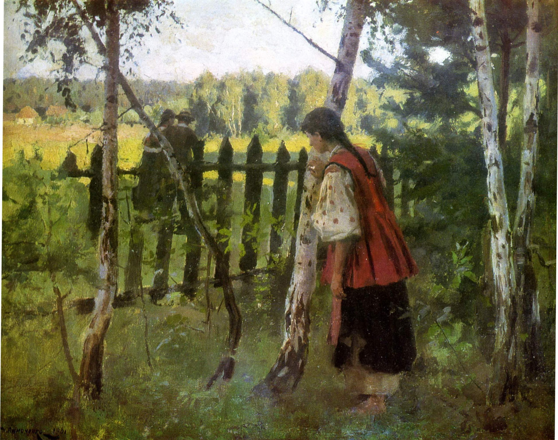 Woman in red vest by birch trees, Mykola Pymonenko museum-quality art print