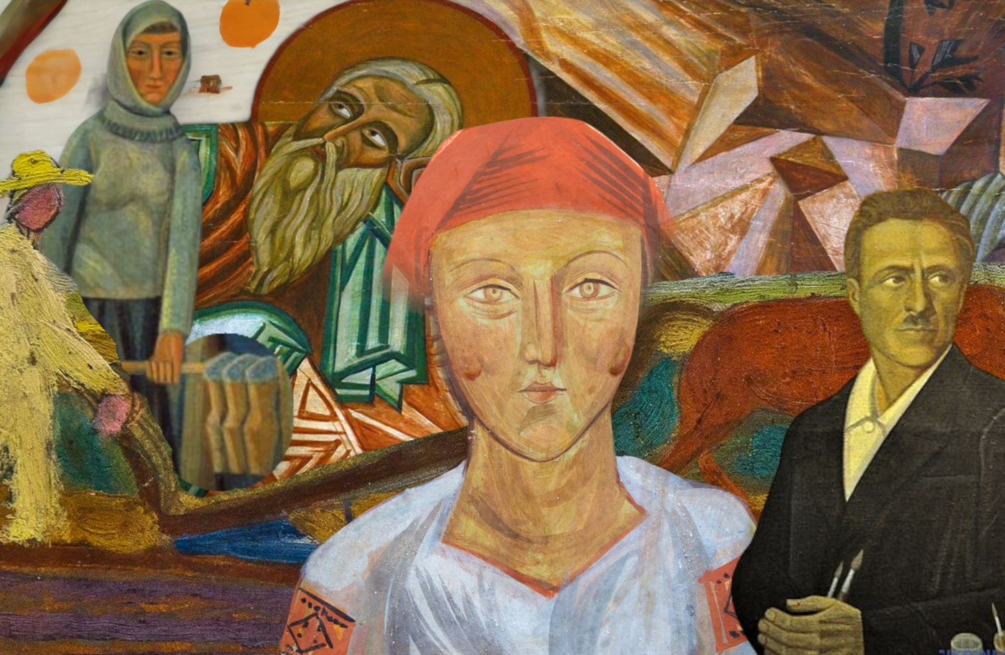 Vibrant stylized painting of Mykhailo Boichuk in red headscarf, white garment