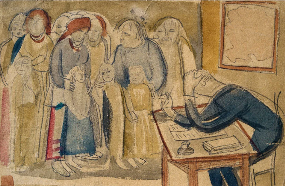 Man in dark blue robe writing at desk, Mykhailo Boichuk original canvas art