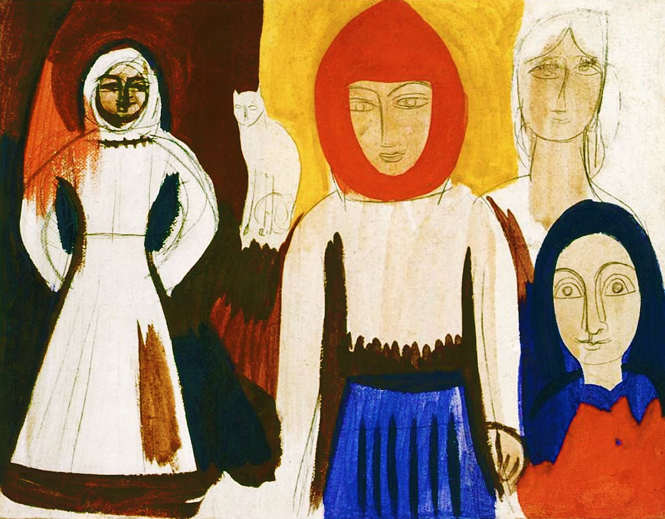 Collectible Mykhailo Boichuk painting of four figures in colorful headscarves