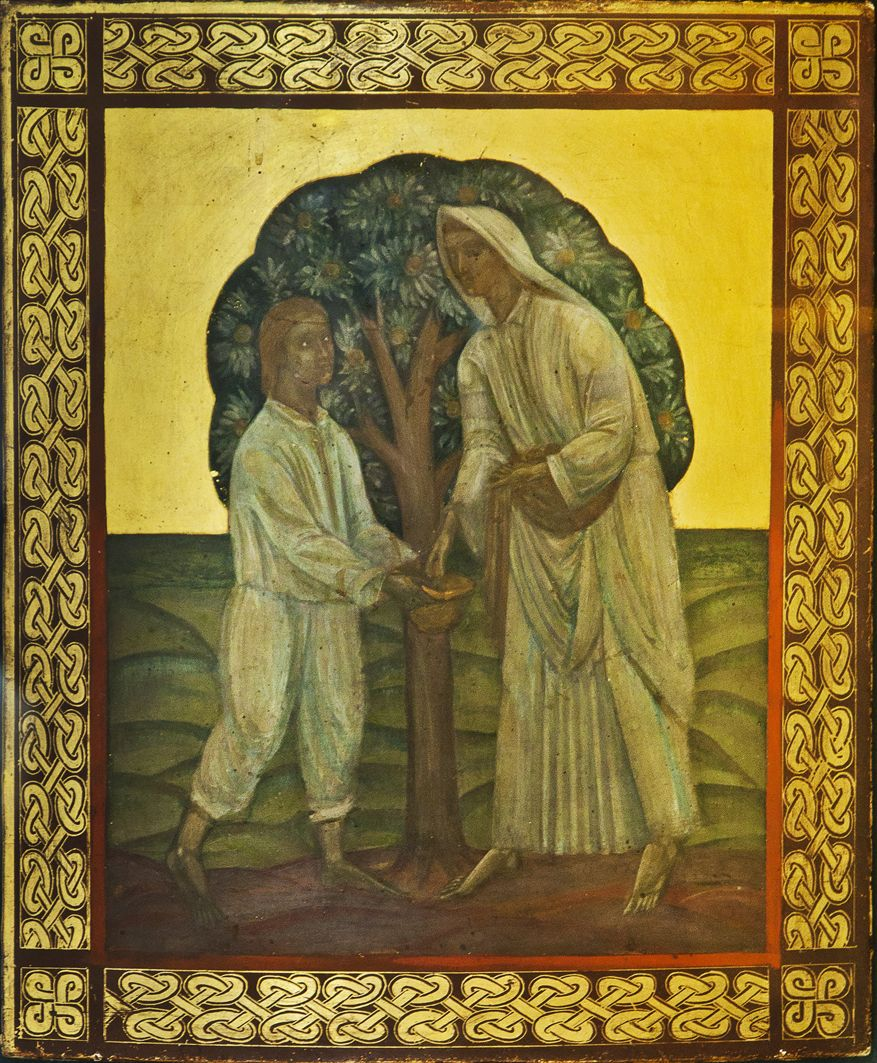 Museum-quality Ukrainian avant-garde painting by Mykhailo Boichuk of woman and child under apple tree with gold Celtic knotwork