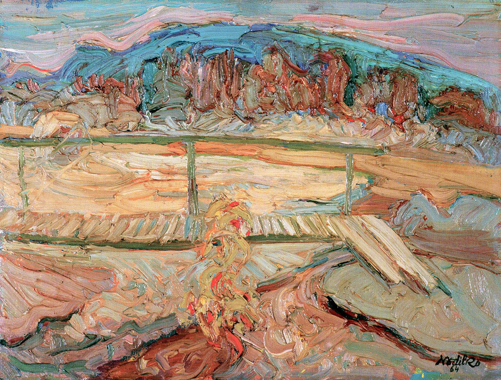 Vibrant impressionist painting by Mykolai Nedilko: wooden bridge over river, mountains