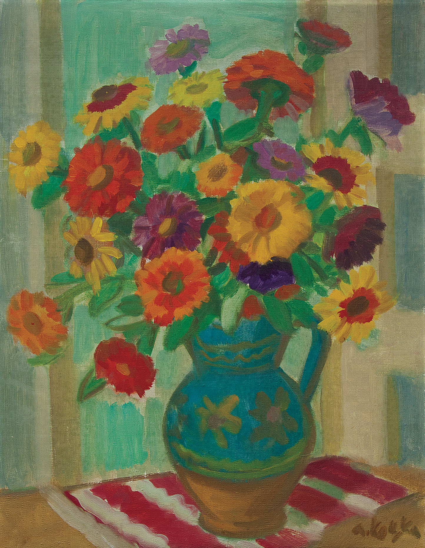 Vibrant sunflower and zinnia bouquet in turquoise floral pitcher by Andriy Kotska