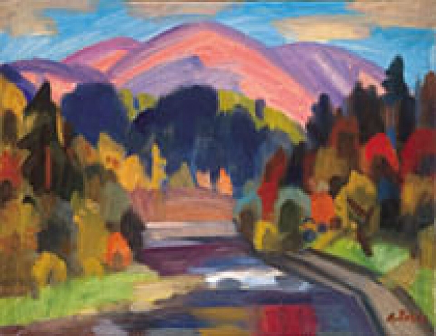 Vibrant Andriy Kotska abstract landscape with colorful mountains and autumn trees