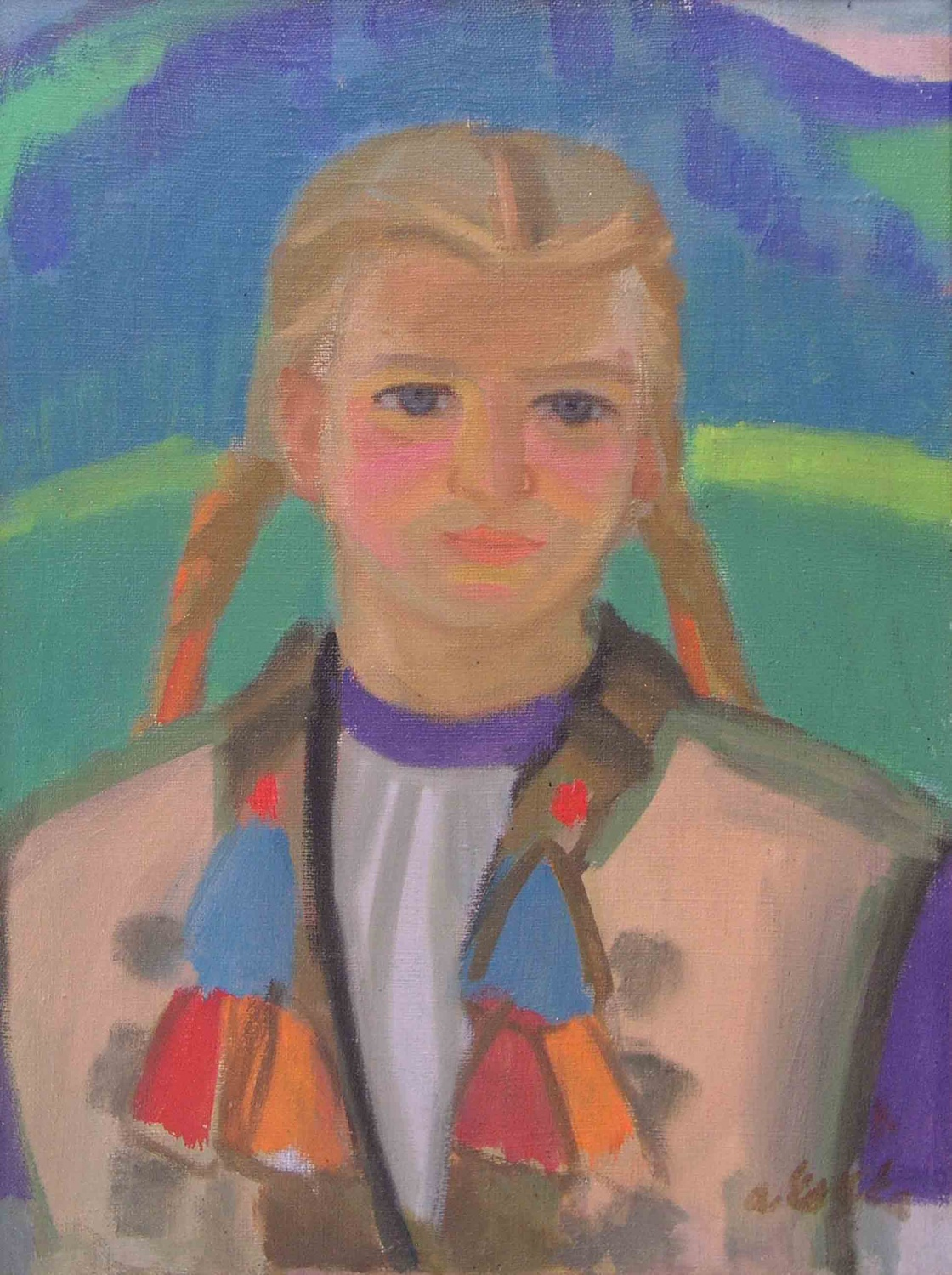 Collectible Ukrainian folk dress portrait by Andriy Kotska, blonde pigtails girl