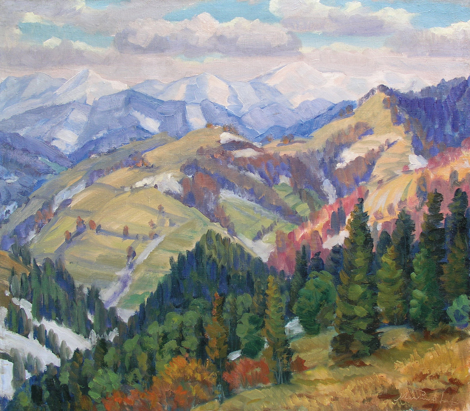 Fedir Manailo Transcarpathian landscape oil painting with snowy peaks