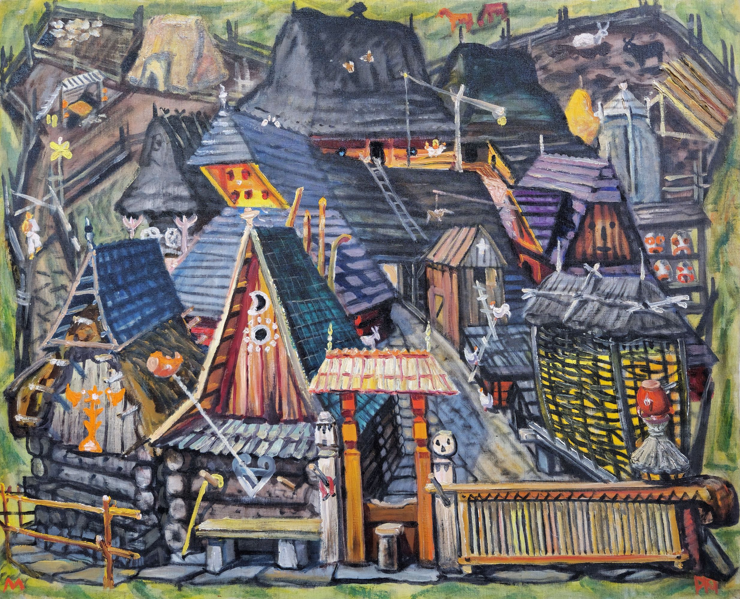 Vibrant stylized village by Fedir Manailo, investment art original painting