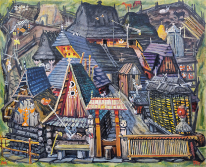 Vibrant stylized village by Fedir Manailo, investment art original painting