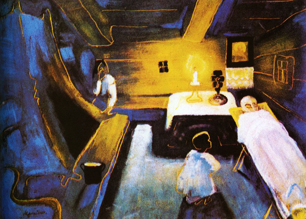 Dimly lit blue-toned Fedir Manailo investment art painting interior